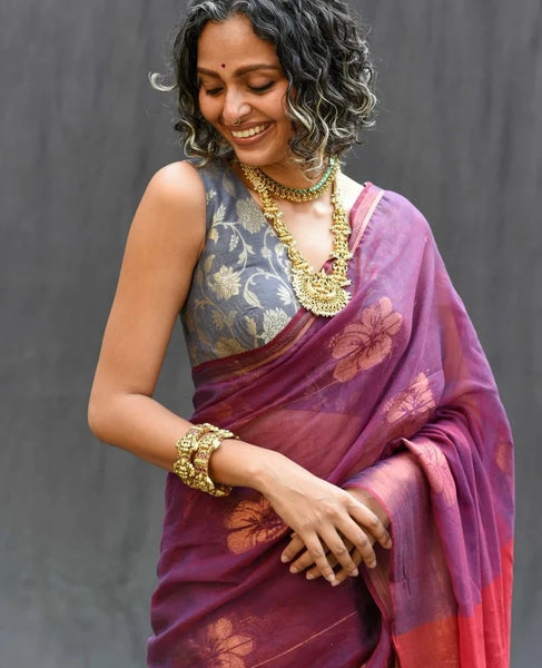 Readymade Grey Silk Sleeveless Blouse With Floral Design