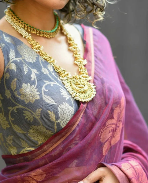 Readymade Grey Silk Sleeveless Blouse With Floral Design