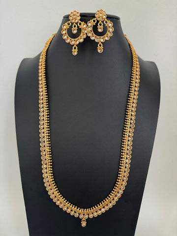 Long gold plated Polki Mala Necklace with Earrings