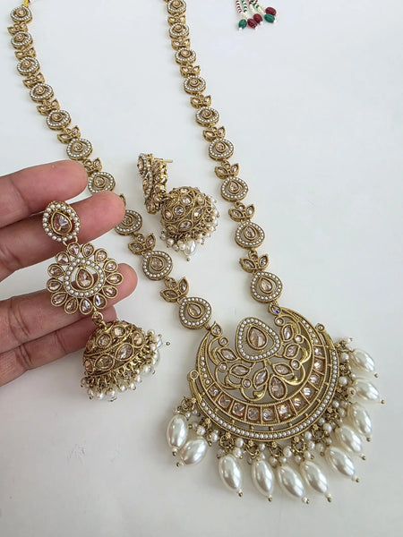 Long Antique dull gold plated Polki Mala Necklace