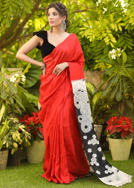 PURE SILK RED SAREE WITH BLACK & WHITE KALAMKARI PALLU