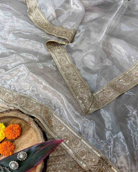 Silver Chanderi Silk Zari Shimmer Saree With Lace Border