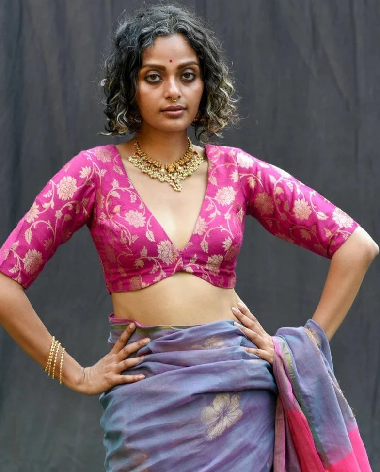 Readymade Pink Silk Elbow Sleeve Designer Blouse With V Neck - Main Image