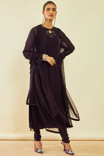 Dark Wine Purple Georgette Beadwork Embellished A-Line Chudidar Suit Set with Shrug