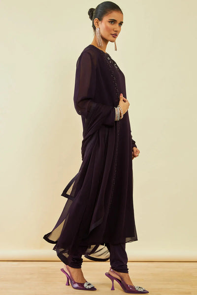 Dark Wine Purple Georgette Beadwork Embellished A-Line Chudidar Suit Set with Shrug