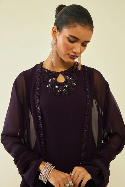 Dark Wine Purple Georgette Beadwork Embellished A-Line Chudidar Suit Set with Shrug