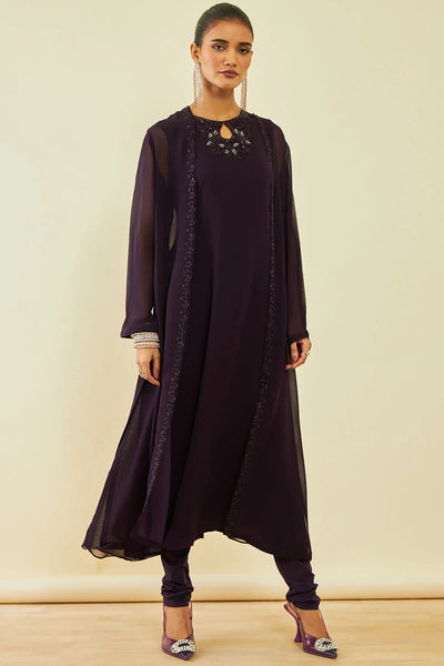 Dark Wine Purple Georgette Beadwork Embellished A-Line Chudidar Suit Set with Shrug