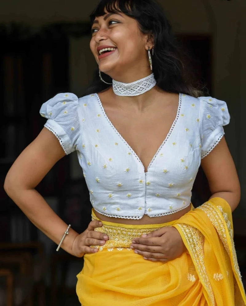 Readymade White Cotton Puff Sleeve Blouse With V Neck