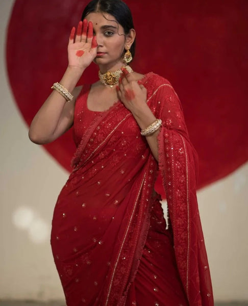 Red Viscose Georgette Embroidery Saree With Sequins And Lace