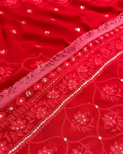 Red Viscose Georgette Embroidery Saree With Sequins And Lace
