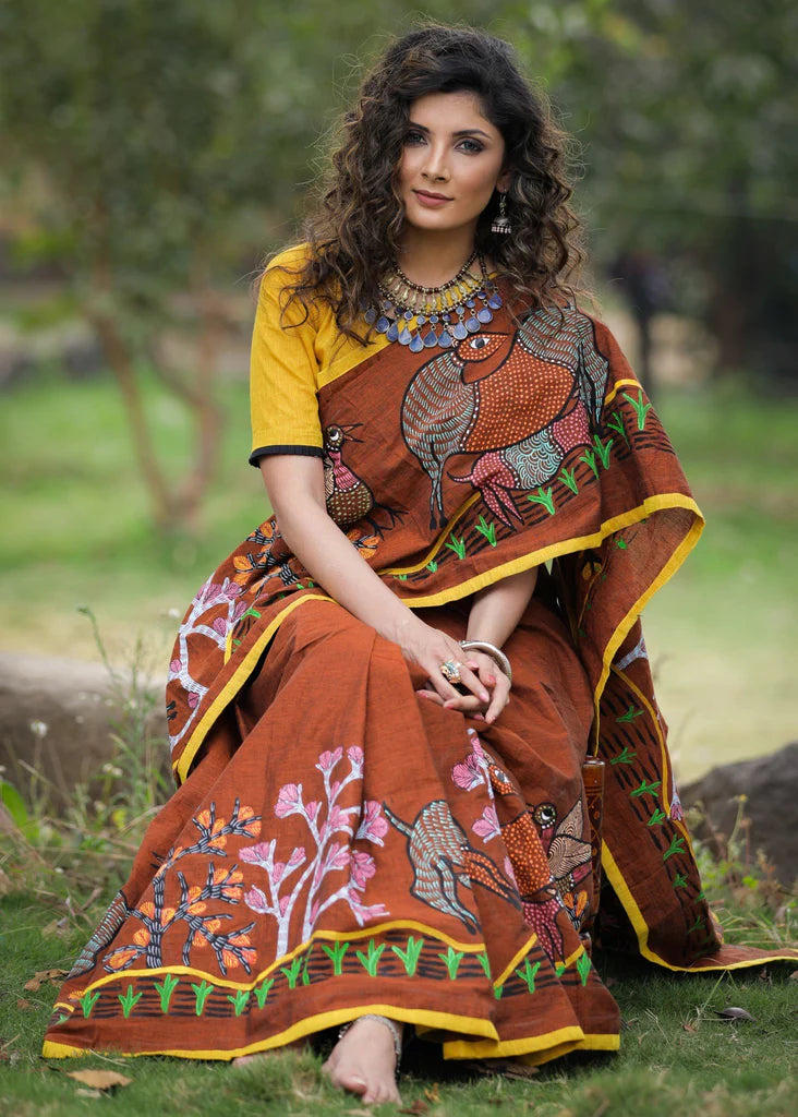 BROWN HANDLOOM COTTON SAREE WITH INTRICATE ELABORATE GOND HAND PAINT ShopBollyWear.Com