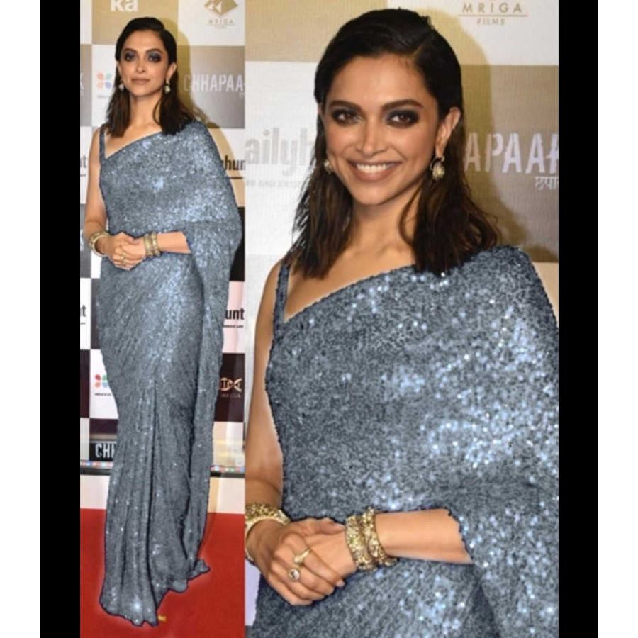 Grey Silver Sequin Sequence Chiffon Saree