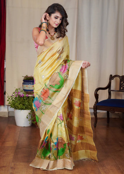 PURE SILK HAND BATIK MUSTARD YELLOW SAREE