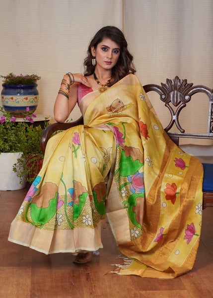 PURE SILK HAND BATIK MUSTARD YELLOW SAREE