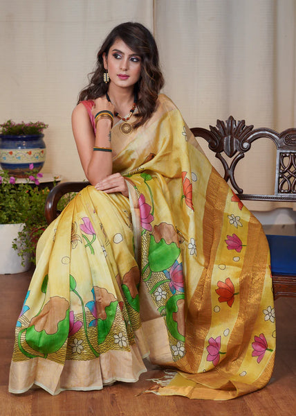 PURE SILK HAND BATIK MUSTARD YELLOW SAREE