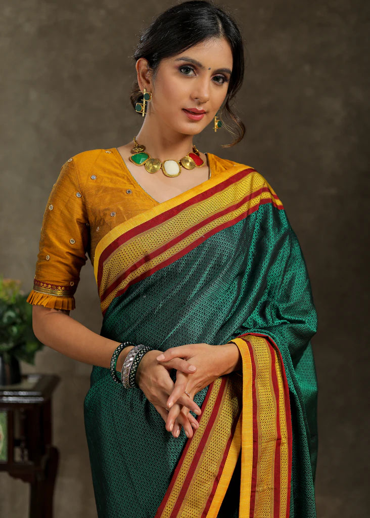 Green - Nath Work Silk Cotton Khun Saree 02