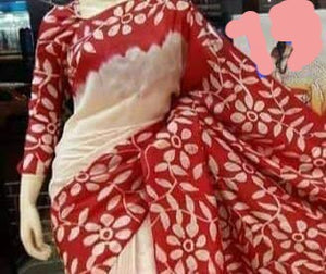 Agamoni Durga Puja Collection Red & White Batik Saree