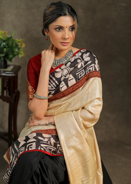 SHEEK BLACK ASSAM SILK SAREE WITH CREME PALLU AND BATIK BORDER
