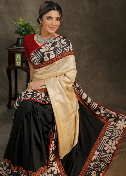 SHEEK BLACK ASSAM SILK SAREE WITH CREME PALLU AND BATIK BORDER