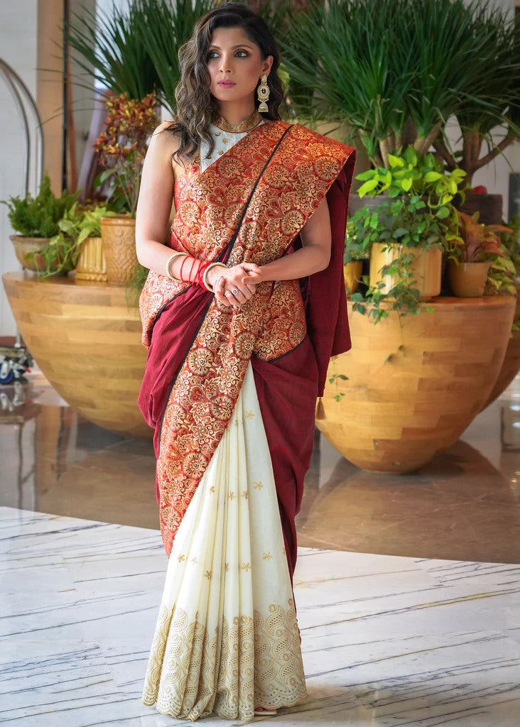 COTTON EMBROIDERED WHITE SAREE WITH MAROON BANARASI BORDER