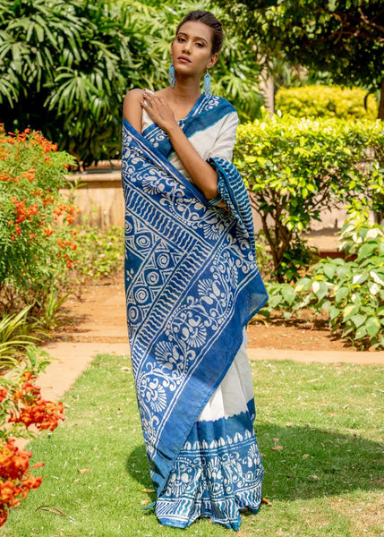COTTON BATIK BLUE & WHITE SAREE