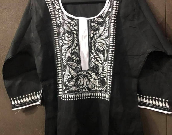 Black and White Pure Cotton Kantha Stitched Long Kurti