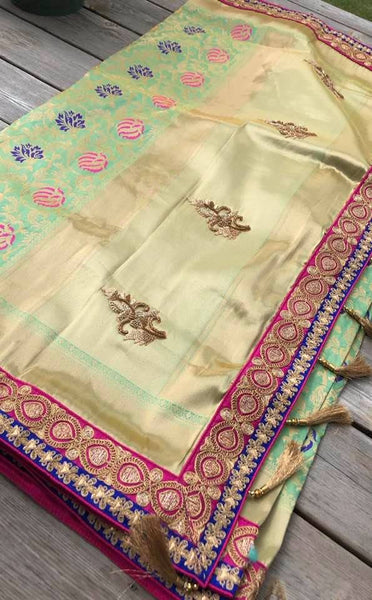 Pastel Green Pure Banarasi Brocade Silk Saree with Readymade Stitched Blouse.