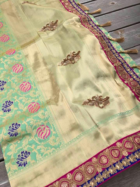 Pastel Green Pure Banarasi Brocade Silk Saree with Readymade Stitched Blouse.