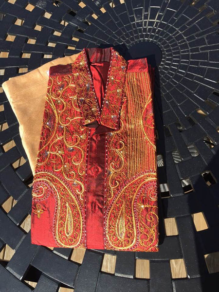 Pure Silk Maroon Long Kurta with Beige Pajama Set with Embroidery Work