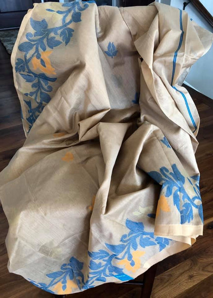 Tan & Azure Blue Handloom Cotton Silk Saree