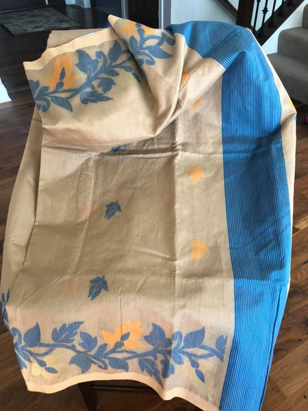 Tan & Azure Blue Handloom Cotton Silk Saree