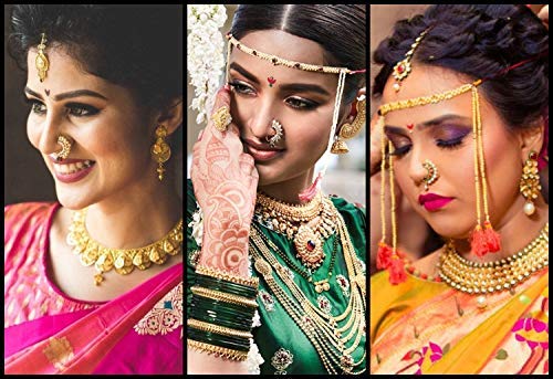 Traditional Maharashtrian Nath Multicolour Gold Plated Without Piercing Press or Clip on Type Nose Ring Pin