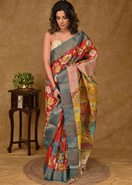 TUSSAR SILK SAREE WITH KALAMKARI PAINTING