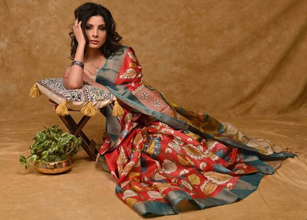 TUSSAR SILK SAREE WITH KALAMKARI PAINTING