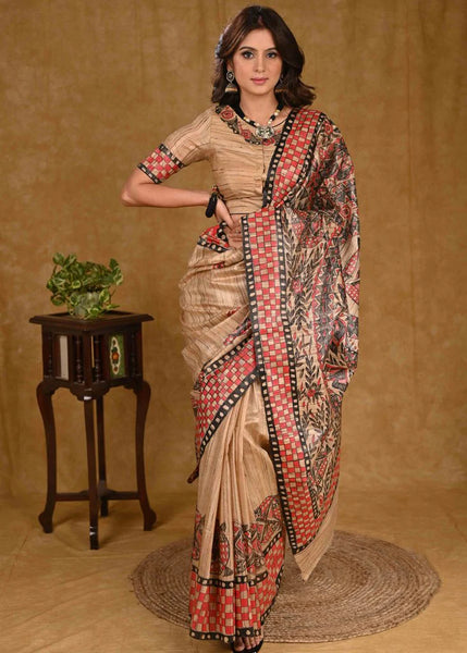 CREAM GHICHA SILK RED HANDPAINTED MADHUBANI SAREE