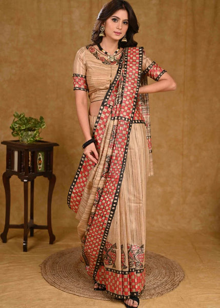 CREAM GHICHA SILK RED HANDPAINTED MADHUBANI SAREE