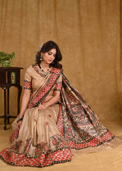 CREAM GHICHA SILK RED HANDPAINTED MADHUBANI SAREE