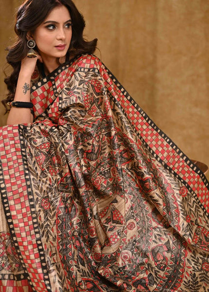 CREAM GHICHA SILK RED HANDPAINTED MADHUBANI SAREE