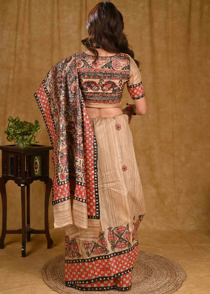 CREAM GHICHA SILK RED HANDPAINTED MADHUBANI SAREE