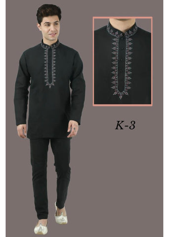 Black Colored Embroidered Cotton Mens Short Kurta