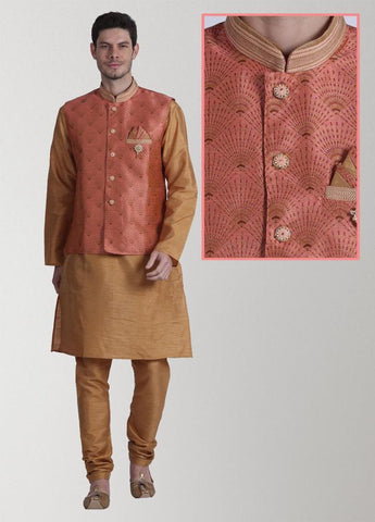 Men's Golden Color Silk Kurta Pajama With Printed Pink Jacket