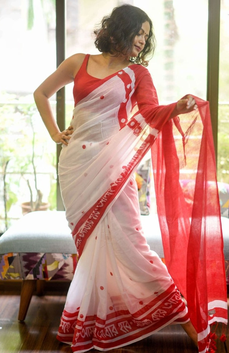 White Red Screen Printed Mul Cotton Saree ShopBollyWear.Com