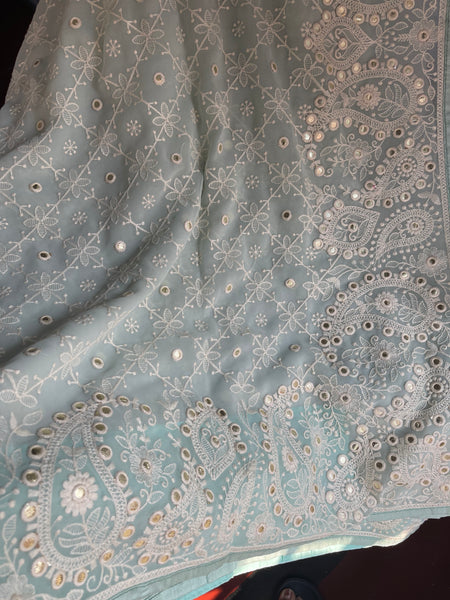 Sky Blue and White Pure Georgette Chikankari Saree