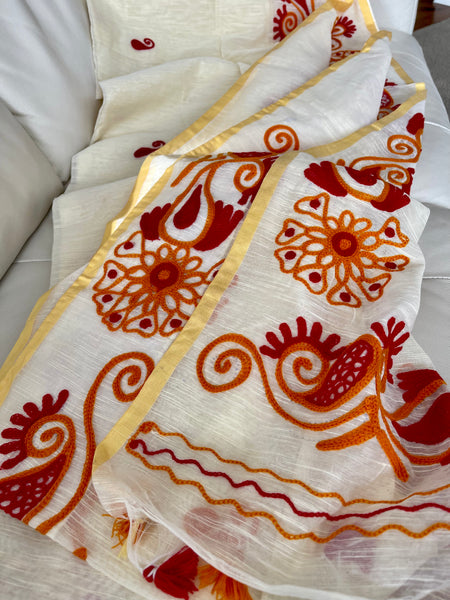 Beige Cotton Jute Saree with Crochet Work