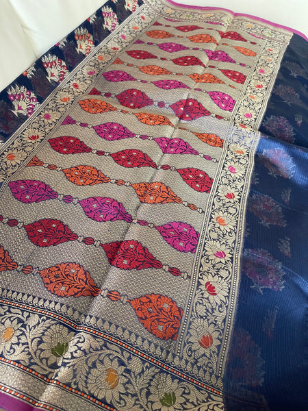 Navy Blue Banarasi Handloom Cotton Silk Saree