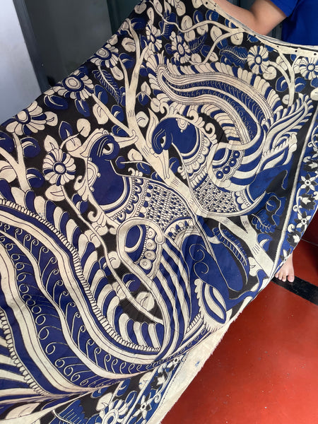 Red and Blue Pure Handloom Silk Kalamkari Painted Saree