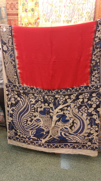 Red and Blue Pure Handloom Silk Kalamkari Painted Saree