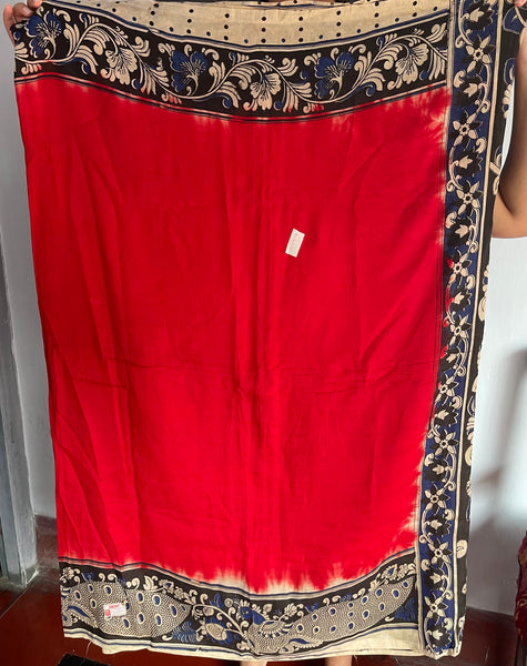 Red and Blue Pure Handloom Silk Kalamkari Painted Saree