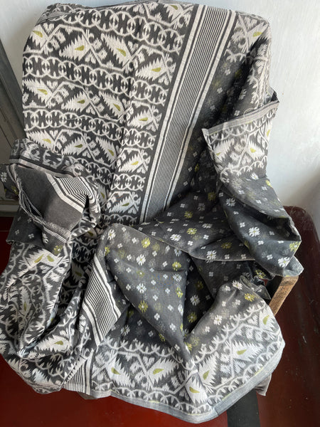 Grey Silver Jamdani Saree with Traditional Woven Design