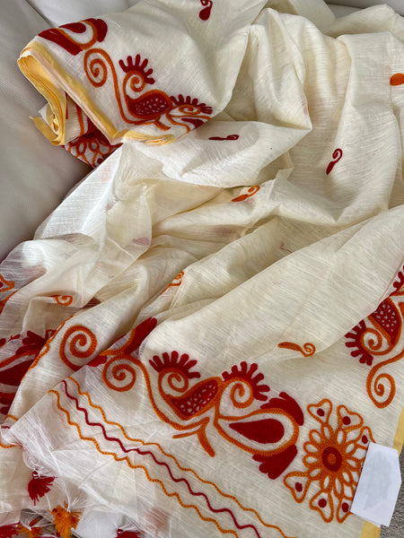 Beige Cotton Jute Saree with Crochet Work